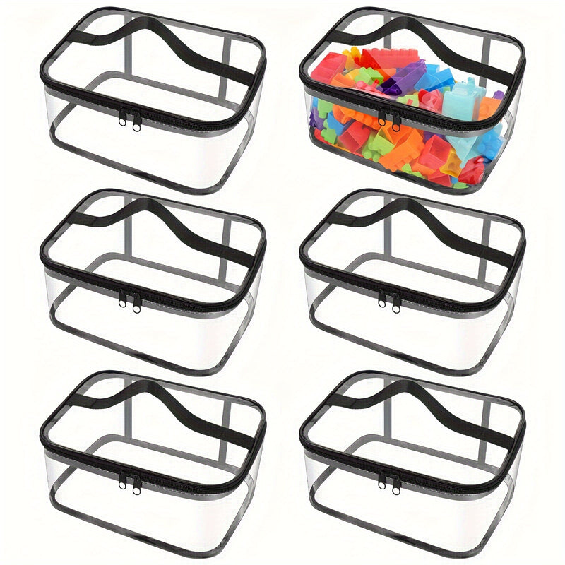 6 cajas de almacenamiento transparentes de PVC con asas negras, organizador multicompartimento para juguetes, manualidades y organización del hogar, diseño rectangular clásico, tapa abatible, uso versátil para diversos artículos