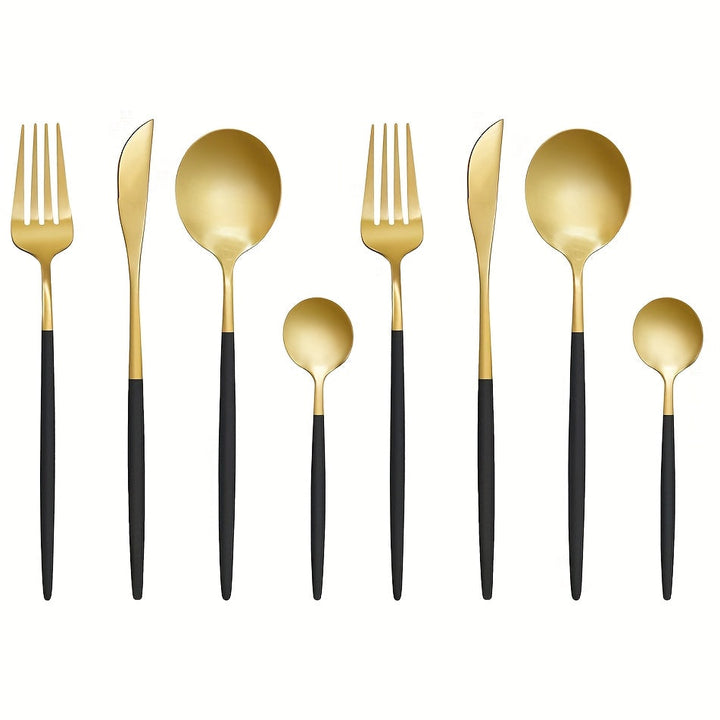 8/24 piezas, juego de vajilla dorada elegante, incluye cuchillos para bistec, tenedores para ensalada, cucharas para cena y cucharas para postre, acero inoxidable pulido al espejo, duradero y apto para lavavajillas, adecuado para uso festivo.