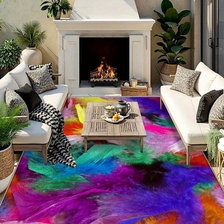 Tapete de exterior de vellón de ciervo de 7 estrellas - Lavar en máquina, tapete rectangular ligero con diseño abstracto vibrante en púrpura, verde, azul y naranja - Perfecto para patio, comedor y camping, alfombras de exterior para patio