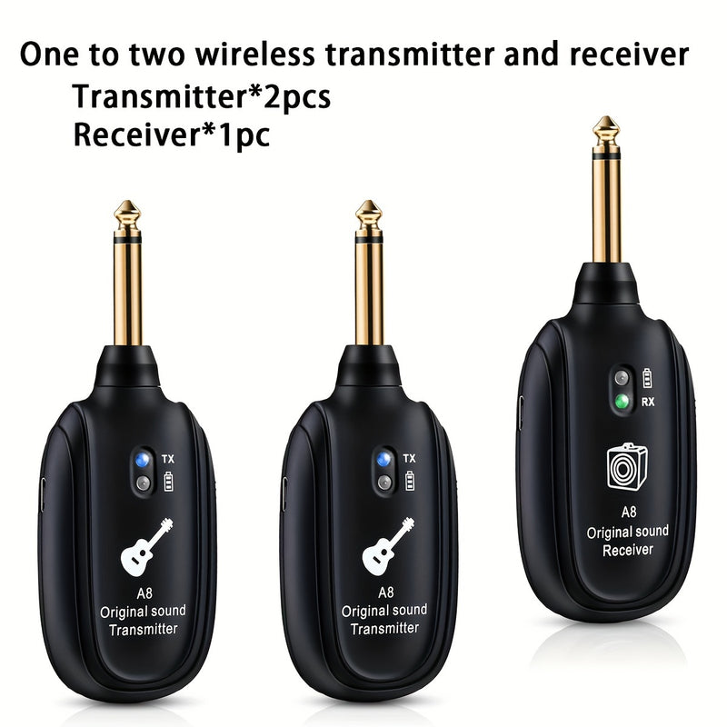 Transmisor y Receptor Inalámbricos de Guitarra 1-a-2, Un Receptor Dos Transmisores Adecuado para Mezclar Instrumentos como Guitarra, Bajo y Saxo Eléctrico