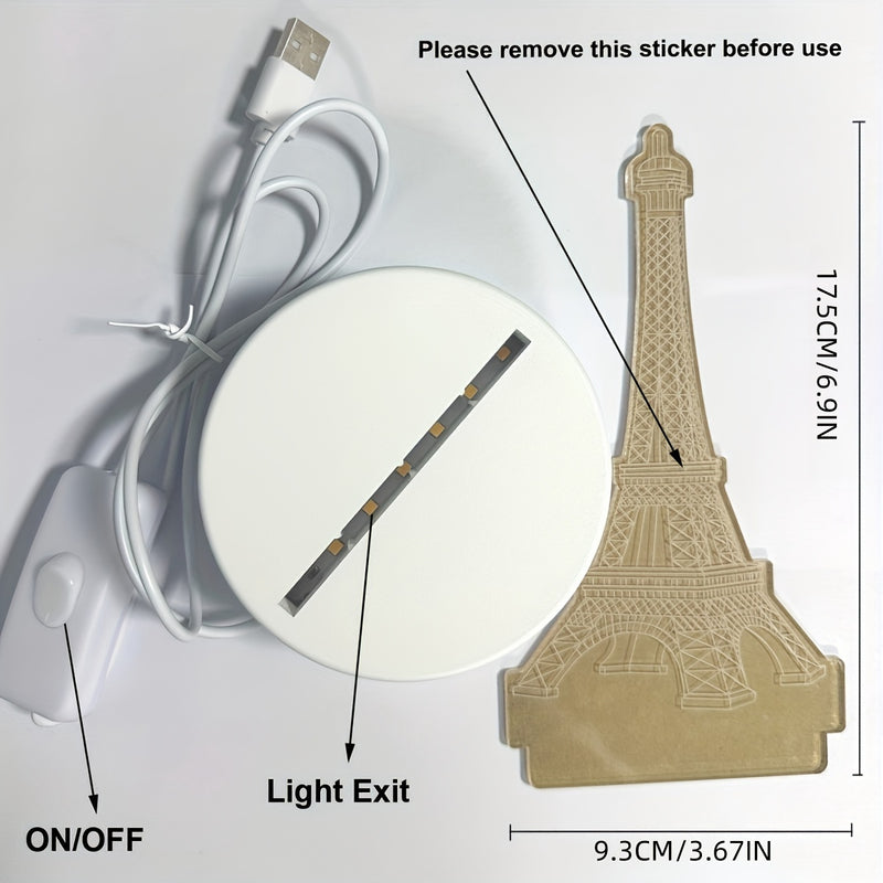 1 lámpara LEDUGF moderna 3D de la Torre Eiffel con base blanca, luz cálida monocromática, control por interruptor, material plástico, incluye cable, alimentación por USB, para dormitorio