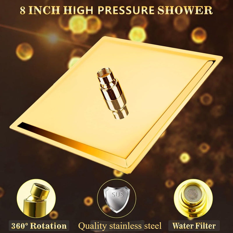 1 juego de cabeza de ducha de lluvia elegante y lujosa con brazo de extensión, cabeza de ducha de alta presión de acero inoxidable de calidad, experiencia de ducha relajante incluso con flujo y presión de agua bajos, combinación dorada de lujo (cabeza de