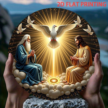 Letrero de Pared Artificial Redondo de Madera 2D, 8 Pulgadas - Sagrada Trinidad con Paloma y Ángeles, Diseño Religioso Estilo Clásico Americano, Decoración para Interior/Exterior, Fácil Colgado en Puerta, Arte Espiritual Duradero para Hogar, Oficina o Bar