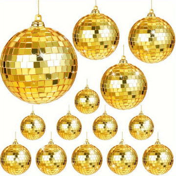 15 piezas de juego de pelotas de disco doradas - Tamaños variados para fiestas, cumpleaños y decoración del hogar - Vidrio espejo brillante, reflectante, resistente a la rotura y reutilizable - Perfecto para DJs y celebraciones festivas, decoraciones de