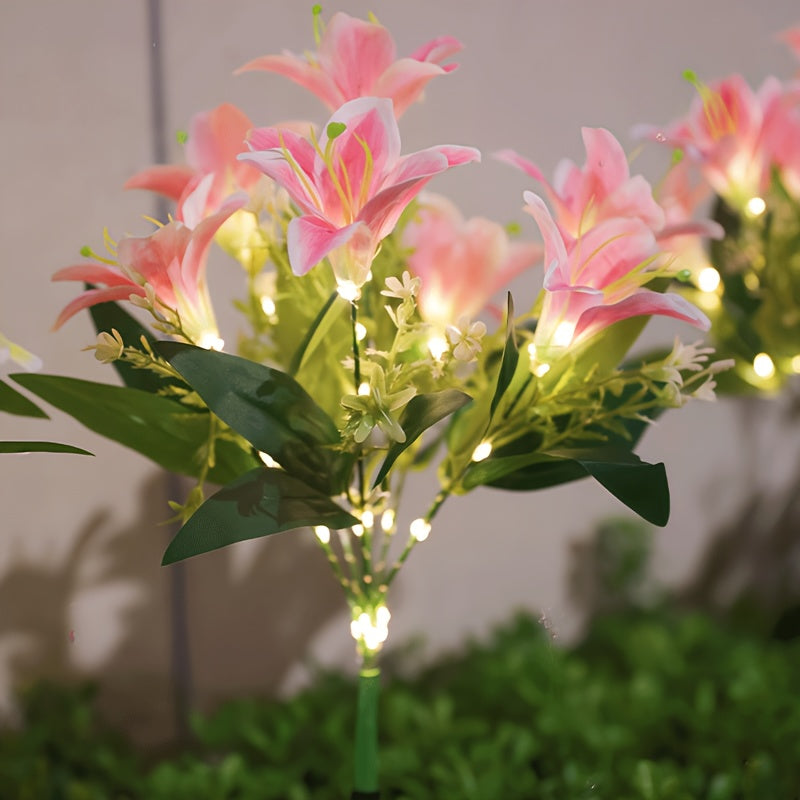 Lámpara solar con 7 flores de lirio y 42 cuentas, decoración rosa para jardín, patio y exterior