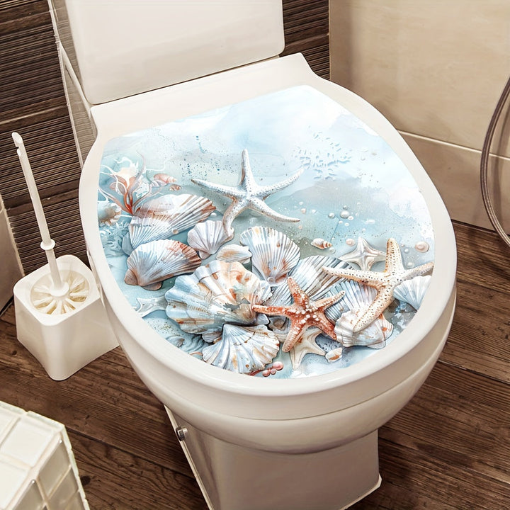 Pegatina de tapa de inodoro con diseño de playa, concha, estrella de mar - Alfombra de plástico autoadhesiva con acabado mate, patrón de dibujos animados, impermeable y extraíble, de un solo uso, forma rectangular para decoración de baños
