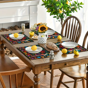 Juego de 4 Manteles Individuales con Diseño Mexicano y Flores - Vivos para el Día de los Muertos, Solo Lavado a Mano, Tapetes Rectangulares de Poliéster al 100% para Fiesta de Halloween y Decoración del Hogar