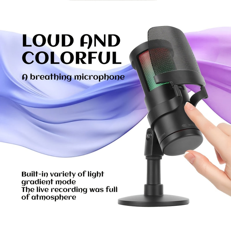 Micrófono USB Plug & Play de 1 pieza con Luces RGB, Control de Volumen, Función Silenciosa, Conector USB-C, Cuerpo de Resina ABS, para Karaoke, Transmisión en Vivo, Juegos, Videollamadas, , LMGBM