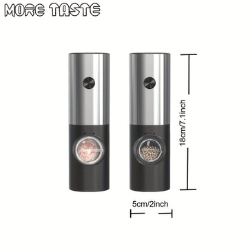 SET DE MOLINILLOS ELÉCTRICOS PARA SAL Y PIMIENTA MORE TASTE 2 piezas, Saleros y Pimenteros Recargables con Grano Ajustable, Operación con Una Mano y Luz LED, Acero Inoxidable