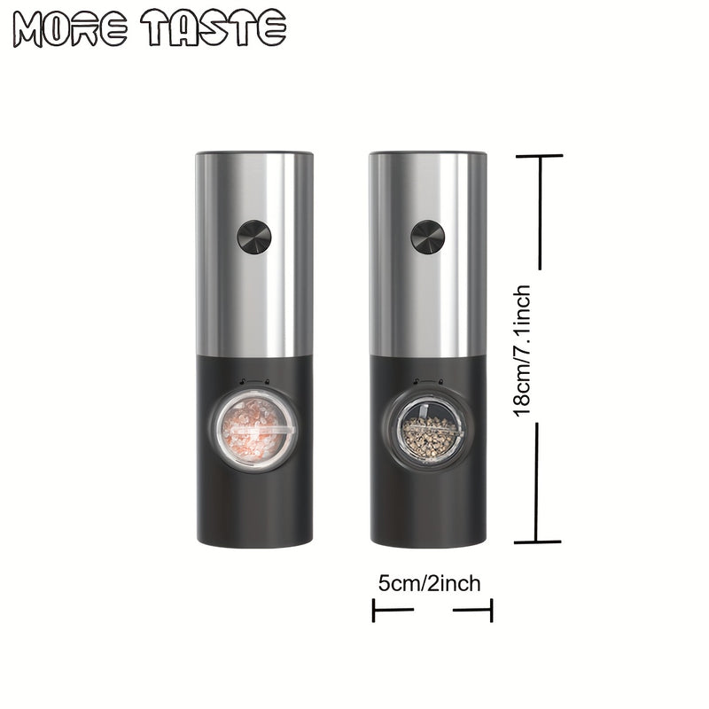 SET DE MOLINILLOS ELÉCTRICOS PARA SAL Y PIMIENTA MORE TASTE 2 piezas, Saleros y Pimenteros Recargables con Grano Ajustable, Operación con Una Mano y Luz LED, Acero Inoxidable