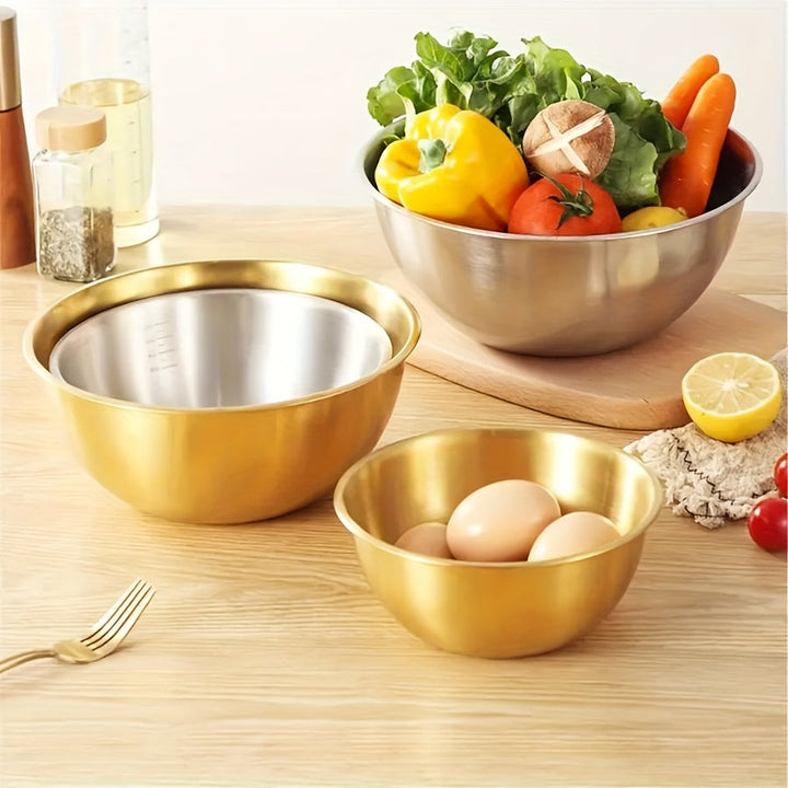Juego de 3 tazones de acero inoxidable para ensaladas, tazones resistentes con diseño de vegetales, antirayaduras, acabado metálico cepillado redondo, ideales para cocinar, hornear, mezclar y almacenar alimentos, uso en cocina de casa o RV