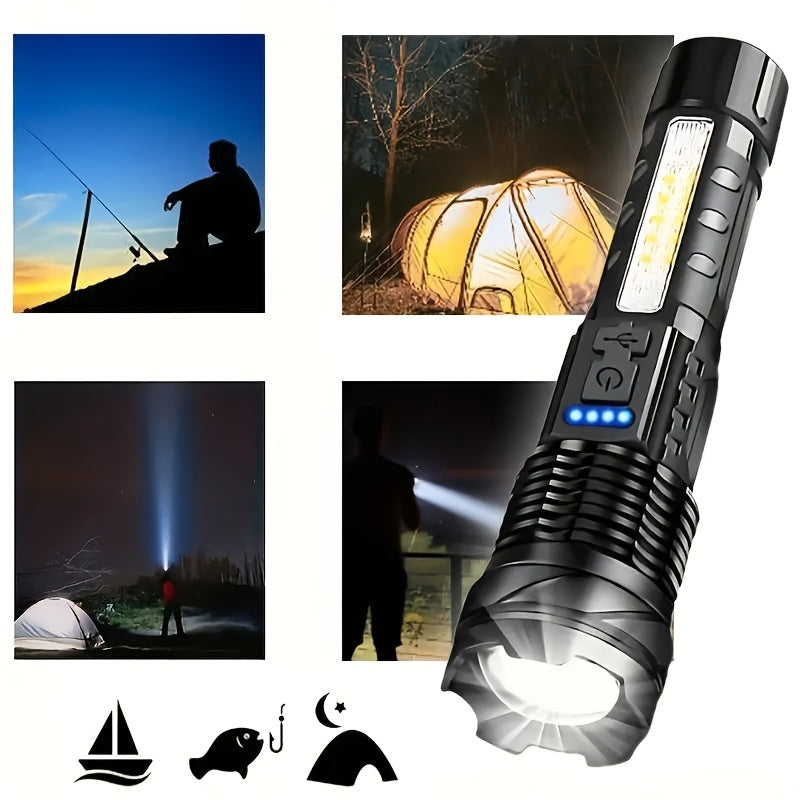 Una linterna multifuncional para exteriores, con un zoom telescópico súper brillante, luz de camping recargable, adecuada para viajes, camping, senderismo, pesca y emergencias.