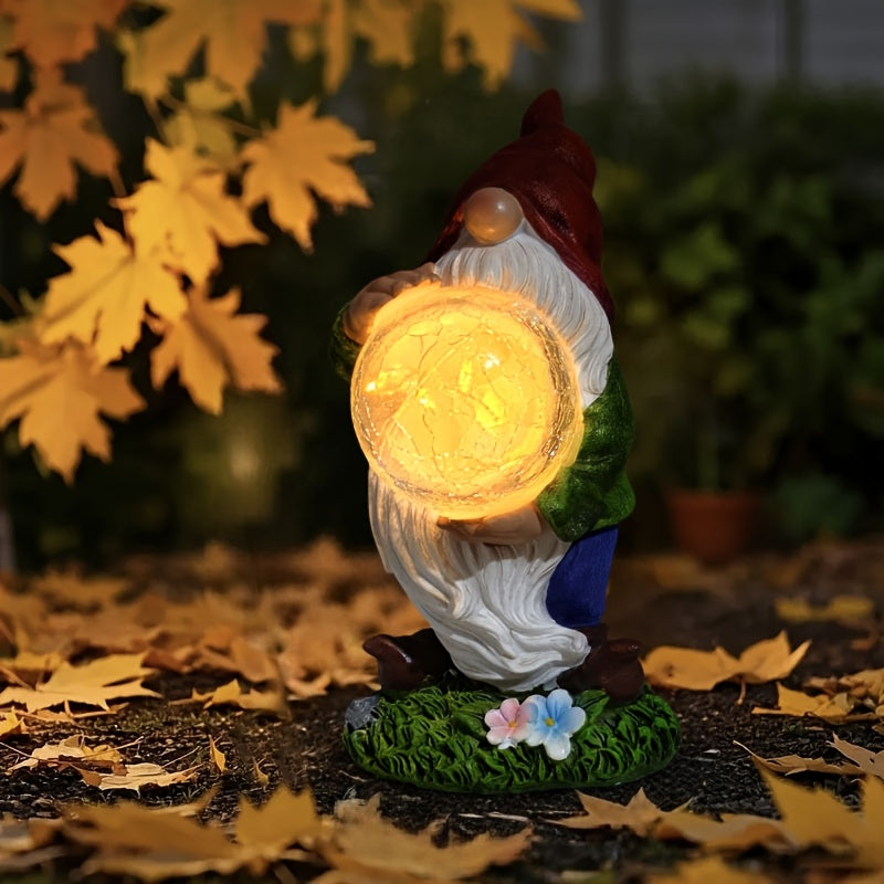 1 pieza de luz de estatua de gnomo alimentada por energía solar, hecha de resina, con sombrero rojo y elfo sosteniendo un globo roto, decoración de jardín al aire libre IP65 con control de botón, tema de cuento de hadas, perfecta para patio, césped y reg