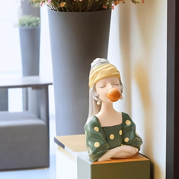 Figura Caprichosa de Resina - Chica con Pendientes y Soplándose Chicle en Burbuja, Decoración Nórdica para Sala, Dormitorio u Oficina, Sin Necesidad de Electricidad, Regalo Único de Cumpleaños o Inauguración de Casa, Adorno Fantasioso