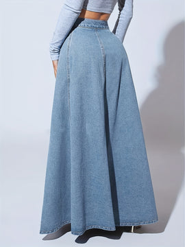 Falda de mezclilla de cintura alta para mujer con cierre frontal y bolsillos con solapa - Color azul claro, tejido no elástico, ideal para primavera/verano/otoño, ropa casual a semi-formal, atuendo casual | Falda con botones | Tejido no elástico