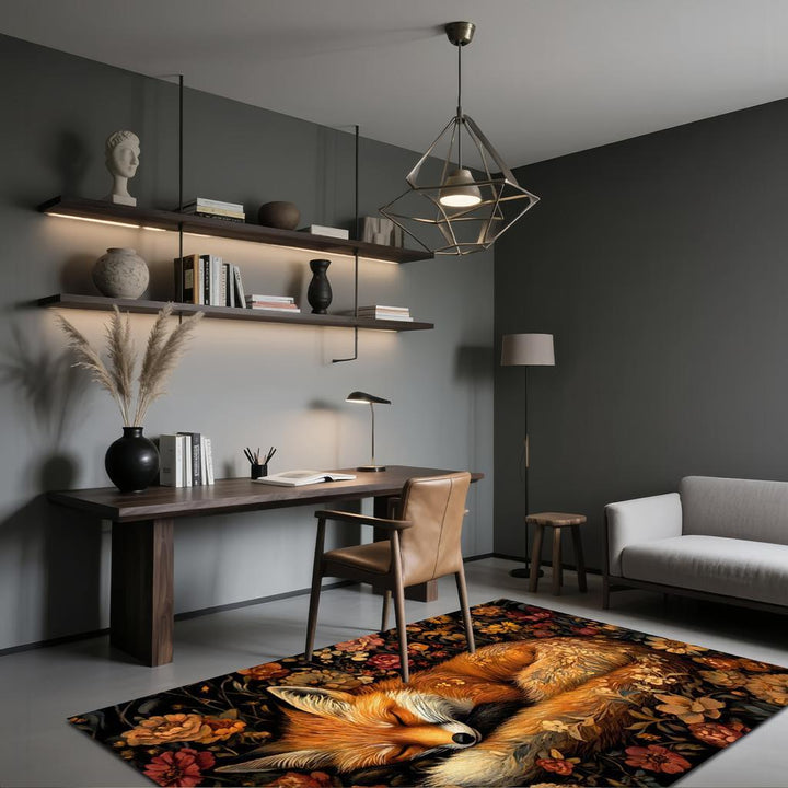 1pc Alfombra de Terciopelo con Diseño de Zorro en Cama de Flores, Ideal para Cocina, Dormitorio, Sala, Estudio y Entradas, Fondo Antideslizante, Lavable a Máquina