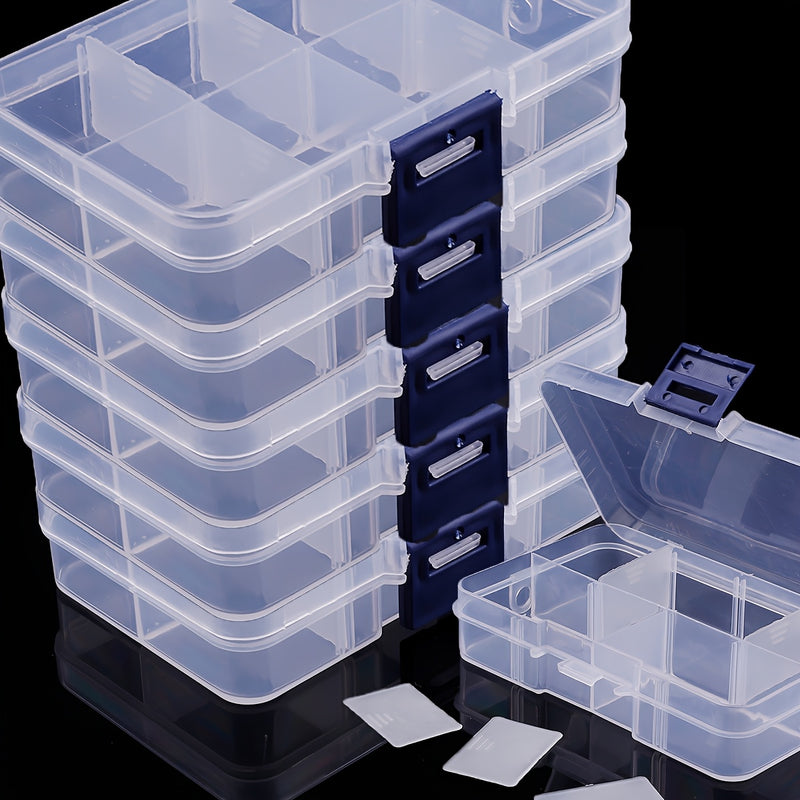 5/10piezas BEADIA Caja de almacenamiento de plástico transparente, estilo casual, forma cúbica, partición ajustable -8 compartimentos, cubierta de hebilla a prueba de polvo, contenedor de clasificación multifuncional para almacenamiento de cuentas, joyer