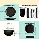 Juego de vajilla de plástico de 32 piezas, irrompible y liviano, para 4 personas: platos, tazones y tazas negros, con tenedores, cucharas y cuchillos, reutilizable, apto para microondas y lavavajillas, ideal para hogar, picnic o colección de vajilla temá