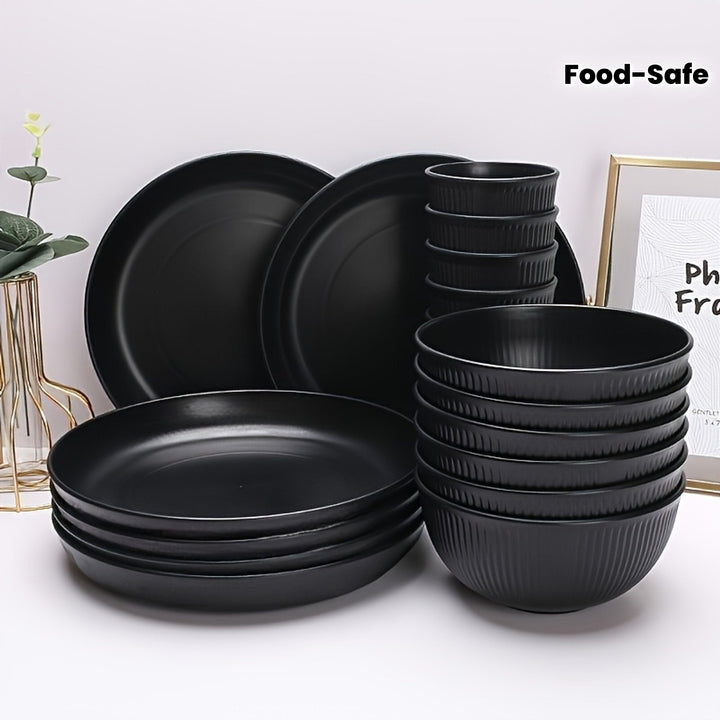 1 Juego de alta calidad de platos, tazas y vasos de paja negra - Incluye platos, tazones y tazas con diseño elegante de costuras - Perfecto para cumpleaños, fiestas y uso diario - Material de polipropileno seguro para alimentos, juego de platos diarios |
