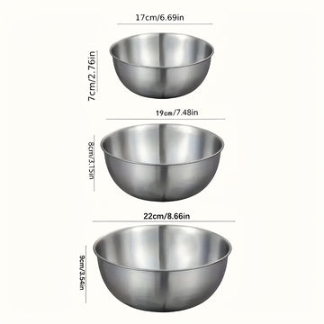 Juego de 3 tazones de acero inoxidable, acabado de metal cepillado, seguro para microondas, tazones redondos con tema de verduras para preparación y almacenamiento de cocina, ideal para BBQ y cocción al aire libre
