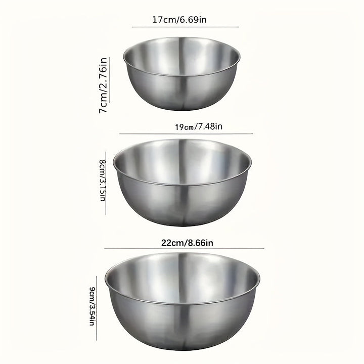 Juego de 3 tazones de acero inoxidable, acabado de metal cepillado, seguro para microondas, tazones redondos con tema de verduras para preparación y almacenamiento de cocina, ideal para BBQ y cocción al aire libre