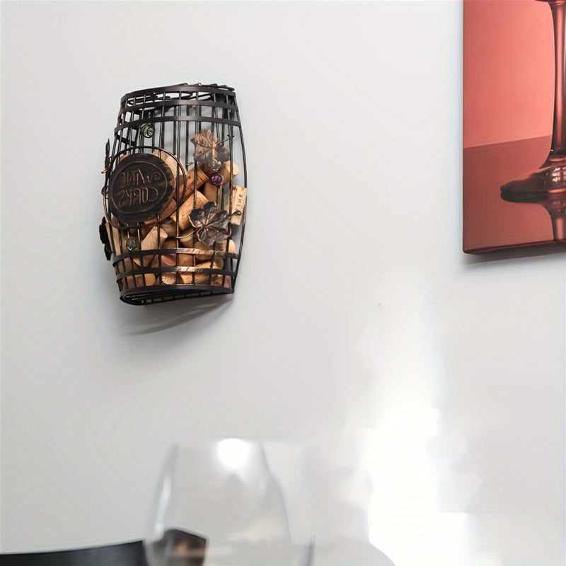 1 pieza, soporte de corcho de vino de metal vintage con tapa, soporte de exhibición rústico para cocina y sala de estar, cesta de almacenamiento decorativa para corchos de vino rojo, ideal para bar en casa o bodega, soporte de botella de vino.
