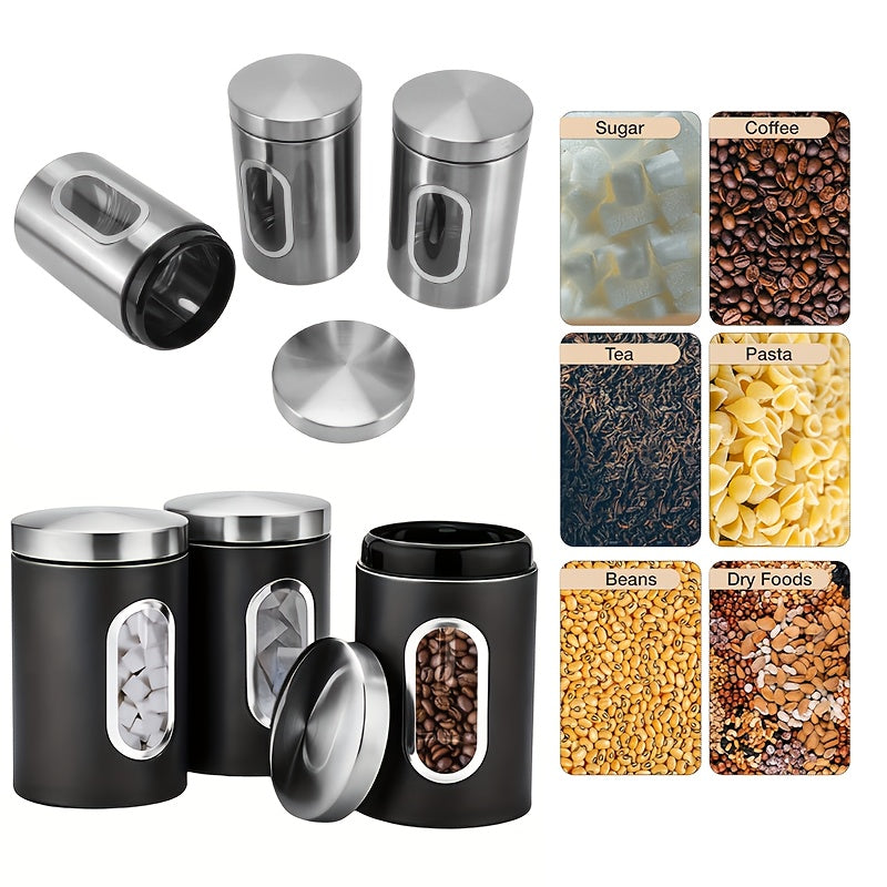 Tarros de Almacenamiento para Cocina, 3 Piezas en Acero Inoxidable con Ventana Transparente - Ideales para Café, Té y Granos - Organizador Redondo Reutilizable con Tapas Abatibles | Solución de Almacenaje Moderna | Utensilios de Cocina Duraderos