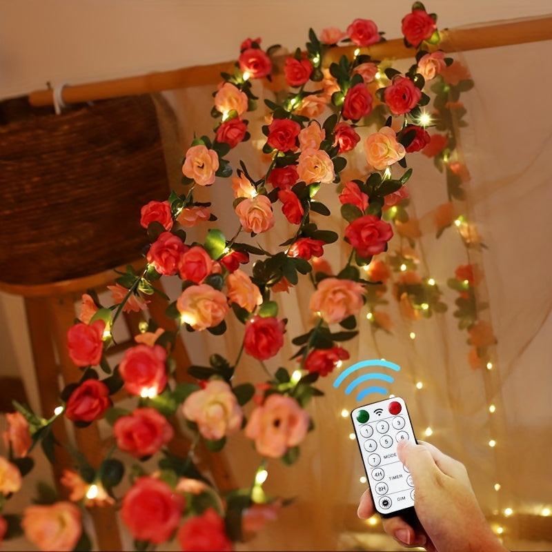 Luces de Cadena de Vid de 45 Rosas con Control Remoto - 299.92cm, 30 Luces de Hadas en Rosa Cálido LED, Guirnalda de Flores Artificiales a Pilas para Ambiente Romántico en el Hogar, Bodas, Fiestas, Decoración de Jardín - Uso Interior y Exterior (Pilas No