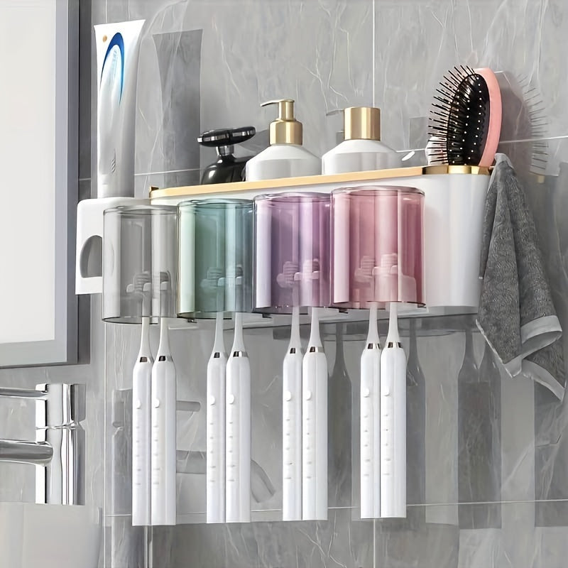 Soporte para Cepillos de Dientes de Montaje en Pared Fácil de Instalar con Vaso para Enjuague Bucal sin Taladrar - Organizador de Pasta Dental y Cepillos de Baño que Ahorra Espacio, Transparente, Juego de Soporte para Cepillos de Dientes 1pc