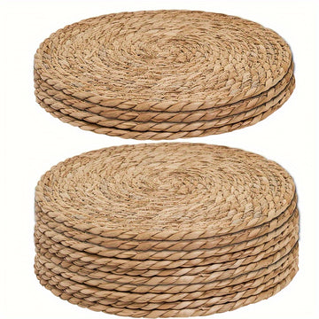 Juego de 6 Manteles Individuales Definidos, Manteles Redondos de Ratán, Manteles Naturales Hechos a Mano, Tapetes Tejidos Estilo Granja para Mesa de Comedor, Manteles Rústicos Trenzados de Mimbre para Hogar y Bodas