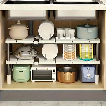 Organizador Extensible de 1 Nivel para Debajo del Fregadero - Acero Inoxidable y Plástico, Ajustable y Espacioso para Cocina y Baño, Instalación Fácil con Guía, Idea de Regalo para el Día del Padre, Diseño Moderno y Limpio, Postes Metálicos