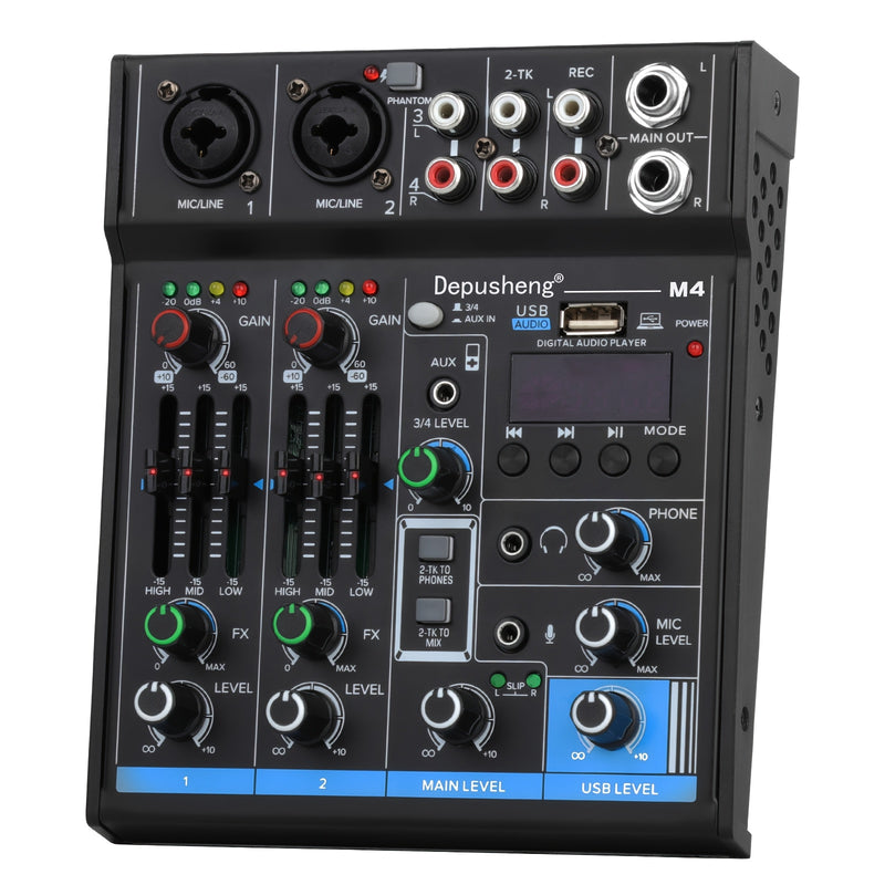 Mezclador de audio USB profesional Depusheng de 4/6 canales con iluminación RGB, consola de sonido, grabación para PC, entradas XLR y RCA para streaming, karaoke, fiestas, estudio en casa - material ABS, no requiere batería, configuración de grabación, a