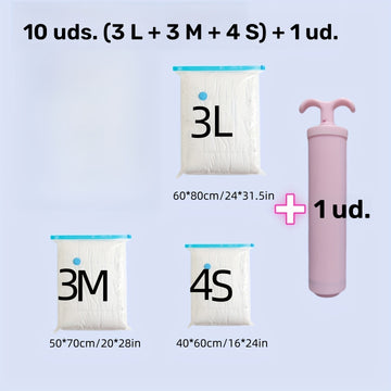 Juego de 11 bolsas de almacenamiento al vacío con bomba manual rosa, especial para guardar ropa de invierno, bolsas plásticas rectangulares multifuncionales con cierre de cremallera, ideales para viajes, campamentos, mudanzas y organización del hogar o c