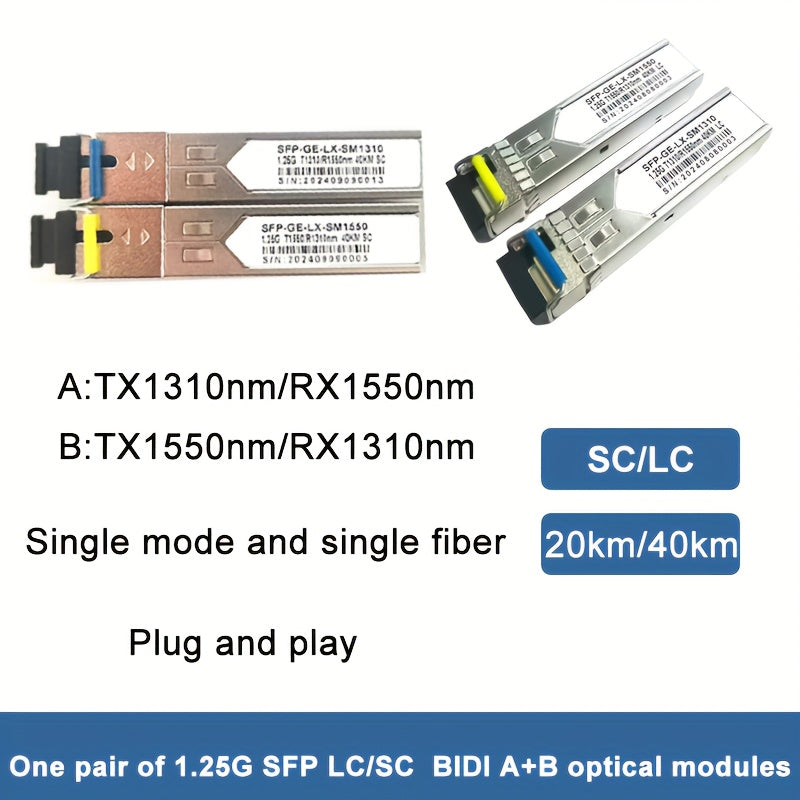 Par de Módulos SFP BIDI 1.25G - Conectores LC/SC Monomodo 20km/40km, Puertos A+B, 3.3V, Compatibles con Switches Cisco, Routers y Equipos de Red, Transmisión de Datos, Acabado Metálico, Diseño Compacto, Alta Velocidad y Fiabilidad