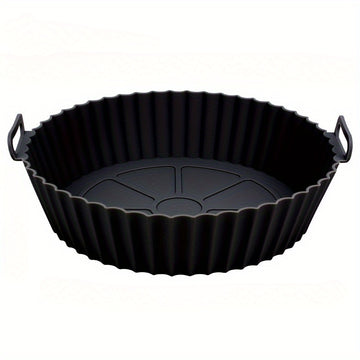 Una pieza de sartén de silicona para freidoras de aire, con un diseño plegable tridimensional. Esta bandeja redonda de silicona reutilizable de 8 pulgadas sirve como forro para hornear a alta temperatura.