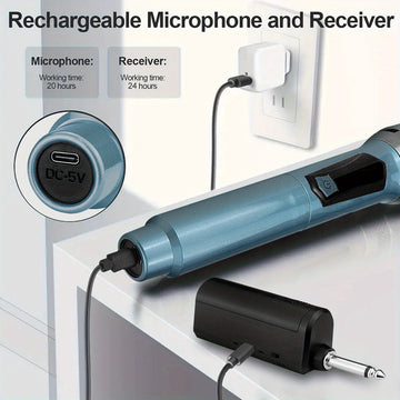 4 Piezas Sistema de Micrófono Dinámico sin varillas con Batería Recargable y Soporte de Escritorio, Adaptador 3.5mm para Canto, Bodas, Fiestas y Enseñanza