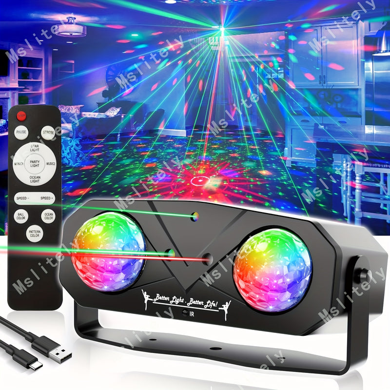 Paquete Definitivo de Fiesta Disco Mslitely: Luces de Bola Doble con Efectos de Ondas de Agua y Estrellas, 3 Luces Láser, Activación por Sonido y Control Remoto - Perfecto para Celebraciones en Casa, Cumpleaños, Halloween y Decoración Navideña