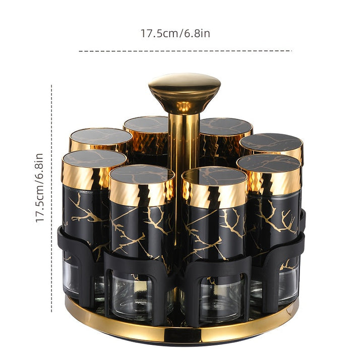 Juego de especias de cocina de 8 botellas con asas doradas - Elegantes frascos de vidrio blanco y dorado para condimentos, pimientas y hierbas, ideales para estanterías giratorias de especias, esenciales para estanterías de especias | Contenedor de espec