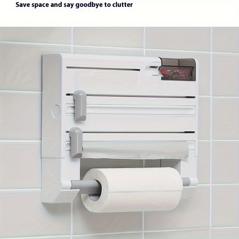 Organizador de cocina de pared 6 en 1 - Dispensador de papel de aluminio multifuncional con soporte de papel, almacenamiento de encimera que ahorra espacio para toallas de papel, servilletas y más, instalación fácil, diseño duradero