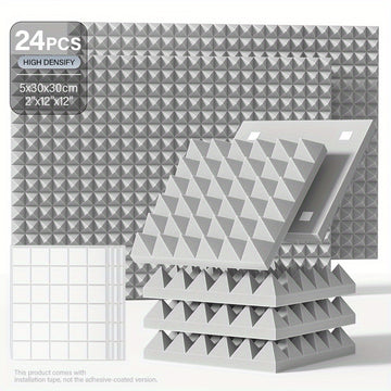 12/24pcs - TMJD MISS Paneles de Espuma Insonorizante en Forma de Pirámide, 5.08x30.48x30.48 cm - Azulejos de Cuña Acústicos de Alta Densidad para Aislamiento de Paredes de Estudio, Negro/Blanco/Gris - Incluye Cinta de Instalación, Aislamiento Acústico de