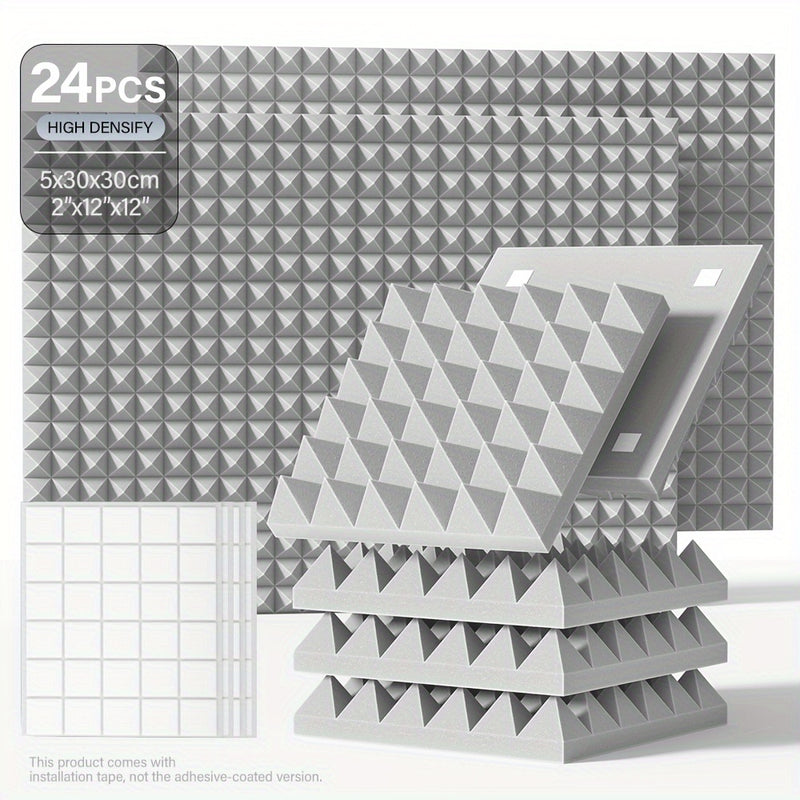 12/24pcs - TMJD MISS Paneles de Espuma Insonorizante en Forma de Pirámide, 5.08x30.48x30.48 cm - Azulejos de Cuña Acústicos de Alta Densidad para Aislamiento de Paredes de Estudio, Negro/Blanco/Gris - Incluye Cinta de Instalación, Aislamiento Acústico de