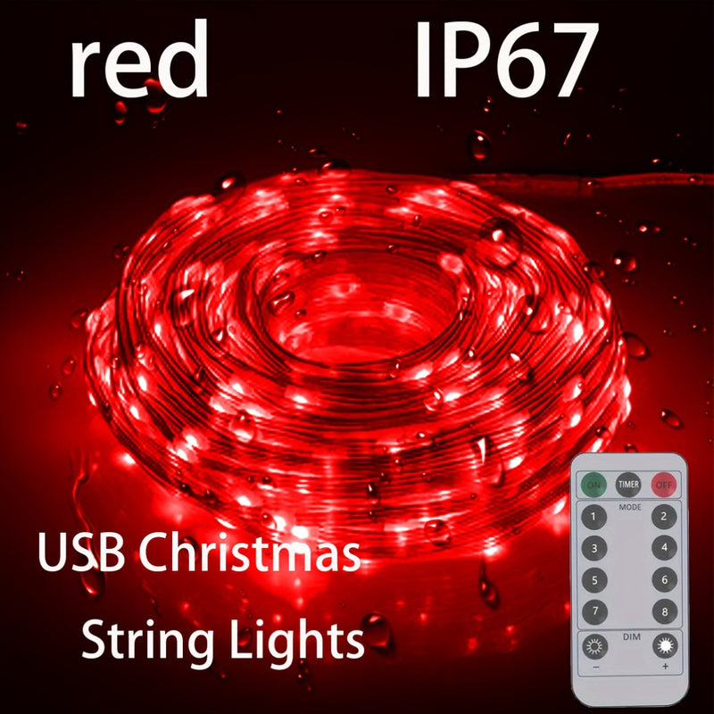 Luces de cadena LED alimentadas por USB con control remoto - Resistente al agua, velocidad de parpadeo ajustable, versátiles para ambiente festivo, decoración de patio y jardín - 4.88/15.24/30.48/50.29 metros Luces de hada de Navidad rojas