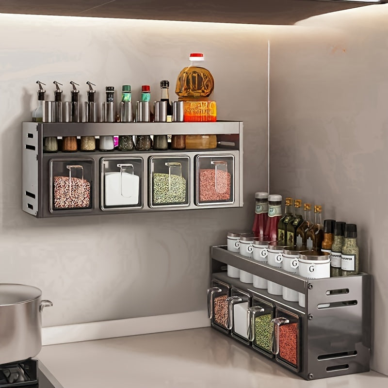 Organizador de especias de acero inoxidable con soporte colgante y frascos - Conjunto de almacenamiento de cocina multifuncional, diseño que ahorra espacio para especias, hierbas y condimentos, organizador y almacenamiento de cocina