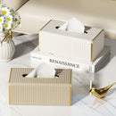 Estuche Elegante para Pañuelos de Cuero Sintético Estilo Nórdico con Rayas Italianas - Diseño Rectangular en Blanco y Dorado para Sala, Comedor o Baño, Decoración de Pared