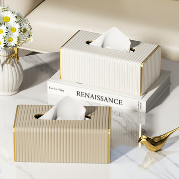 Estuche Elegante para Pañuelos de Cuero Sintético Estilo Nórdico con Rayas Italianas - Diseño Rectangular en Blanco y Dorado para Sala, Comedor o Baño, Decoración de Pared