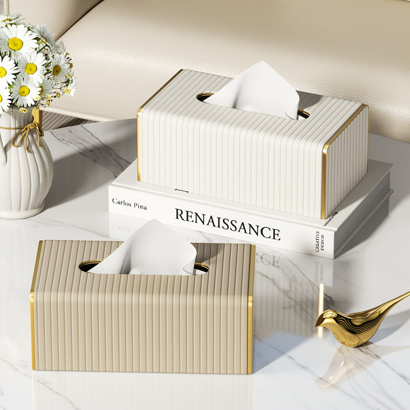 Estuche Elegante para Pañuelos de Cuero Sintético Estilo Nórdico con Rayas Italianas - Diseño Rectangular en Blanco y Dorado para Sala, Comedor o Baño, Decoración de Pared
