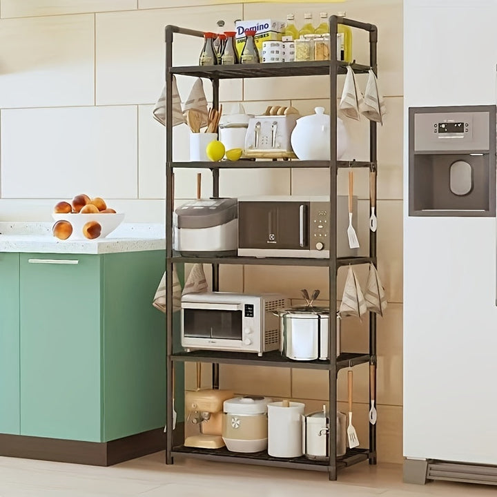 Estante de almacenamiento multiusos, organizador independiente de metal y plástico duradero, para cocina, baño y sala de estar, con microondas, libros y pequeños electrodomésticos.