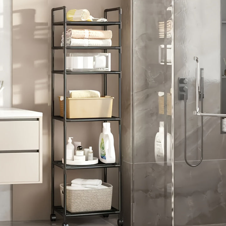 Carrito organizador rodante de 6 niveles con ruedas - Estructura metálica resistente, organizador multiusos sin madera para cocina, baño o sala, estante móvil que ahorra espacio, fácil de armar, versátil | Diseño de estante abierto | Construcción robusta
