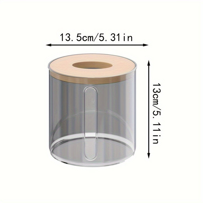 Caja de Pañuelos Transparente Redonda con Tapa de Bambú, Contenedor de Almacenamiento de Plástico para Baño y Sala de Estar, Creativo, para Escritorio, Papel Higiénico