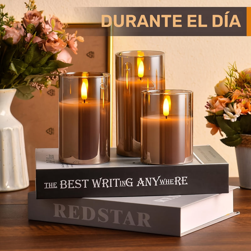 Conjunto de 3 Velas LED Elegantes Grises con Control Remoto - Quemadores de Cera Sin Llama Parpadeante para Bodas, Cumpleaños y Decoración de Navidad